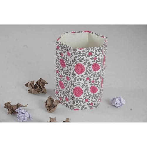 Image of Floral Hand Block Printed 3.3 Gallon Decorative Waste Basket - Eco-Friendly Cardboard Trash Can, Plastic-Free & Sustainable, Perfect for Christmas and Housewarming Gifts (1, Pink GEDHA FLOWAR)