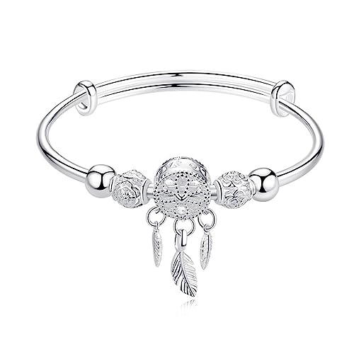 Luckimoli Silver Dream Catcher Tassel Feather Charm Bracelet Bangle Adjustable Mother's Day Jewelry Gift Birthday Christmas Gifts for Women Mom Wife Girls