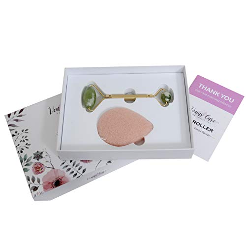 Jade Roller For Face & Konjac Sponge 2in1 By Venus Care- 100% Real And Natural Neck Massager- Reduces Wrinkles Puffiness Dark Circles For Glowing Skin- Durable & Detachable Handles For Easy Clean