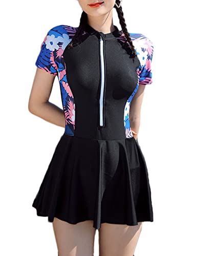 Image of JadeRich Girls' One Piece Floral Skirted Swimsuit Zipper Front Short Sleeve Rash Guard Swim Dress for Teenagers