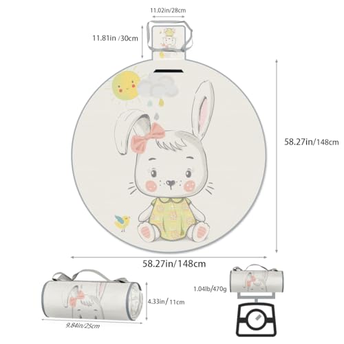 Shimoshe Bird Sun Bunny Picnic Outdoor Blanket Foldable Waterproof Sandproof Beach Blanket Portable Water-Resistant Round Picnic Mat for Travel Camping Park Lawn