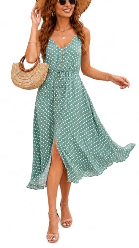 BROVAVE Women's 2025 Summer Casual Boho Sundress Polka Dot Spaghetti Strap V Neck Flowy Midi Dresses(008 Green, X-Large)