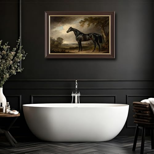 Image of Framed Vintage Black Horse Canvas Wall Art, Antique Equestrian Oil Painting Canvas Prints Pictures, Classic Farmhouse Wall Decor for Living Room Bedroom Office Man Cave