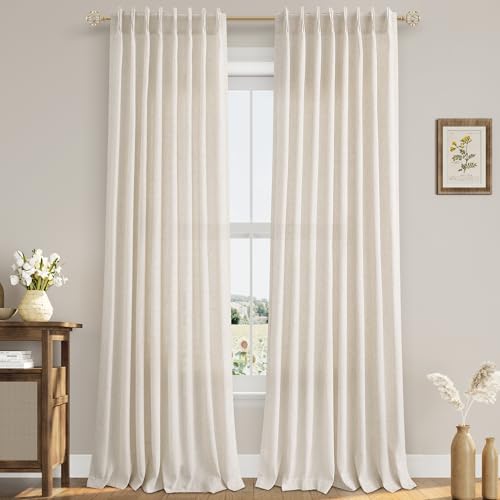 Aersas Natural Pinch Pleat Linen Curtains 92 Inch Length 2 Panels Set for Bedroom Dining Room Semi Sheer Linen Boho Farmhouse Neutral Window Curtains 92 Inches Long for Living Room Nursery 50x92