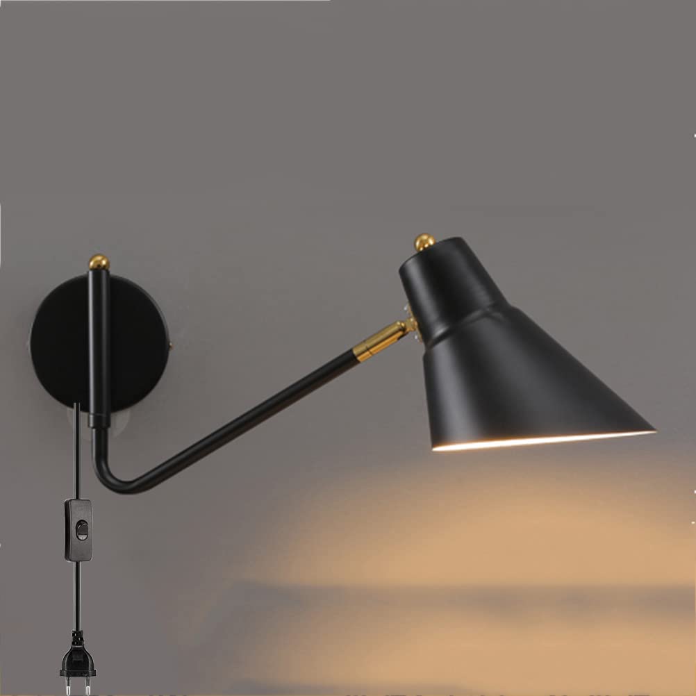 FZQSXAZU Metal Wall Lamp with Plug-in Cord and On/Off Switch, Swing Arm Reading Sconce for Living Room, Study, Bedroom