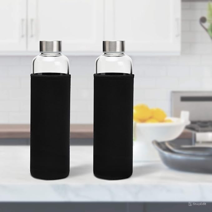 Image of SIMPARTE Borosilicate GlassWater Bottles 500ml with Sleeve - Set of 2 | Leak-Proof, Easy to Clean, Freezer Safe | Stainless Cap | Ideal for Office, Travel, School Use