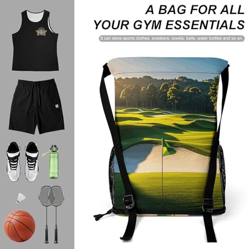 Green Golf Course Drawstring Backpack, Dry Wet Separate Gym Bag Unisex Sports Drawstring Bag for Work, Fitness3