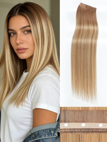 Image of YDDM Double Invisible PU OVO Butterfly Weft Human Hair Extensions 20in Remy Human Hair Glueless Micro Beads Heat-Friendly Comfortable for Women Daily(Gold Brown Mixed Dark Blonde)