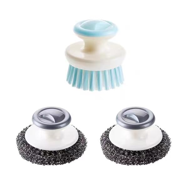 Image of 2Pcs Stainless Steel Wool Scrubber with Handle and 1 Pcs Dish Brush,Heavy Duty Pot Scrubbers Dish Scrubber Cleaning Brush Wash for Kitchen Pots, Grills, Pans, Sink (1+2)