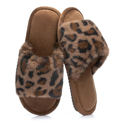 Image of GOEWY Women's Fuzzy Open-Toe House Slippers with Memory Foam - Leopard Print Cheetah Plush Cozy Cute Slipper Indoor /Outdoor Soft Slip On Slides Gifts for Women Mom Her Ladies