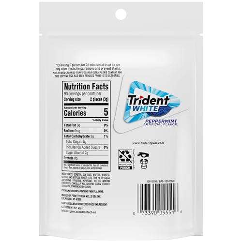 Image of Trident White Sugar-Free Chewing Gum with Xylitol, Peppermint, 180 Piece Bulk Resealable Bag (Pack of 16)