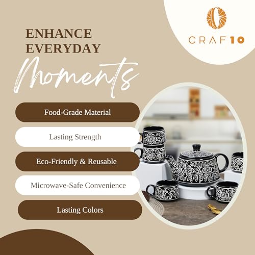 Image of CRAF10 Ceramic Hand Painted with Brush Black Desire Tea Morning Set - 1 Kettle (1 Litre) & 6 Cups (160 ML) | Microwave & Dishwasher Safe | Teapot | Tea Sets with Kettle for Gifting