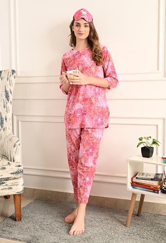 Image of Amazon Brand - Tavasya Women Cotton- Rayon Printed Kurti with Pant Co-Ord Set | Soft Comfortable Straight Fit Ethnic Kurta Set | 3 /4 Sleeves V-Neck Daily, Office & Casual Wear