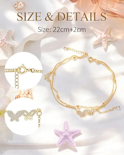 Image of Silver Ankle Bracelets for Women, Butterfly /Stars Cute Charm Anklet, 14K Gold Plated Layered Chain Anklets for Women Teen Girls