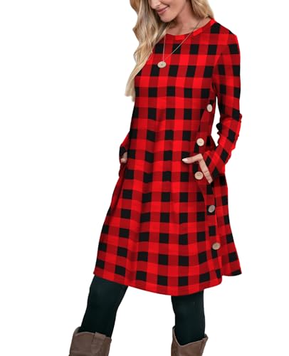 Image of OFEEFAN Long Sleeve Dress for Women Crew Neck Fall and Winter Tunic Dress with Pockets