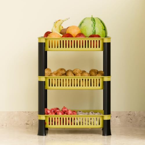 Image of Multipurpose Plastic Storage Rack for Kitchen | Foldable Vegetable & Fruit Organizer Stand for Onion, Potato, Sabji | Countertop Multi-Layer Basket Rack for Home, (Yellow, 3 layer)