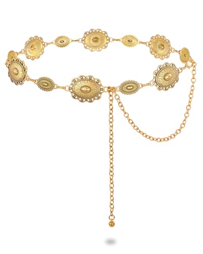 SUOSDEY Western Concho Belts for Women Cowgirl Metal Waist Gold Chain Belt for Boho Dresses Jeans