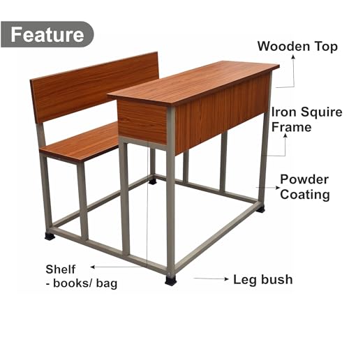 Image of ALKOSIGN Double Student Bench with Side Closed Shelf - Prelam Partical Board Natural Teak Top with Beige Powder Coating (90 CM) | for Classes 3rd to 7th | for School, Tuitions etc