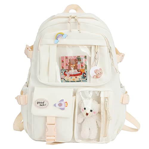 Gefemini Mochila feminina Kawaii com urso pequeno de pel�cia, v�rios bolsos, mochila escolar de grande capacidade para meninas adolescentes