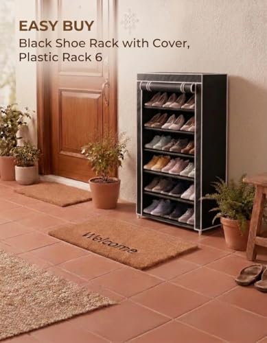 Image of EASY BUY Black Shoe Rack with Cover, Plastic Rack 6 Shelves with Zip Door Cover & Side Pocket | Dustproof Multiuse Storage Organizer for Footwear, Clothes, Toy, Shoe Rack Plastic, Slipper Stand