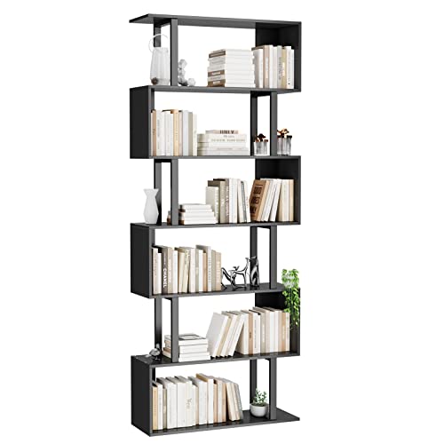 Gadroad 6 Tier Geometric Bookcase, Black Book Shelves, Modern Corner