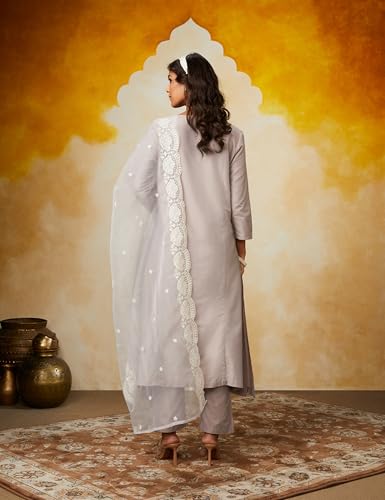 Image of Amazon Brand - Myx Women Kurta Pant Set with Embroidered Organza Dupatta | Viscose,Rayon | A-line fit (Available in Plus Sizes)