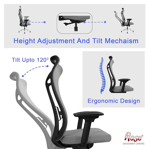 Image of ROSE Curve Premium Office Chair | High Back | Mesh Ergonomic Home Office Desk Chair with 4D Adjustable Armrests | Auto Wight Slider Mechansim | Ideal for Adults & Work Professionals (Grey)