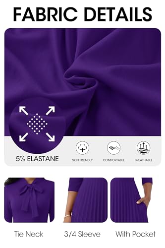 Image of FANDEE Maxi Dress for Women Formal 3 /4 Sleeve Pleated Empire Long Dress Semi Formal Tie Neck Office Work Dresses