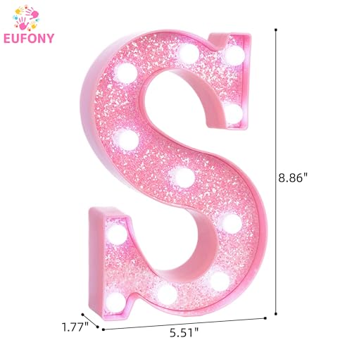 Image of Pink Marquee Light Up Letters, Glitter Alphabet LED Letter Lights for Pink Birthday Party Decorations, Battery Operated Letter Sign for Girls Room Vanity Table Decor, Cool White Lights Letter S