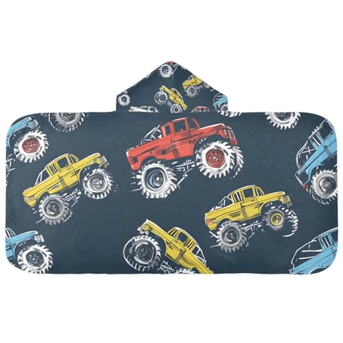 Image of Colorful Monster Trucks Style Hooded Beach Towel for Kids, Kids Bath Hooded Towels for Boys Girls, Super Soft Absorbent Bathrobe with Hood for Swin Pool 50 inchx23.5 inch
