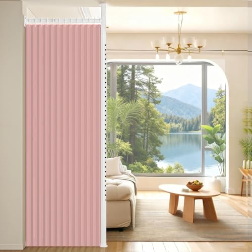 間仕切りカーテン 突っ張り棒, パーテーション つっぱり式 部屋 仕切りカーテン, 防音 ドリル不要工具不要 調節可能(ピンク,幅210cm~260cm)