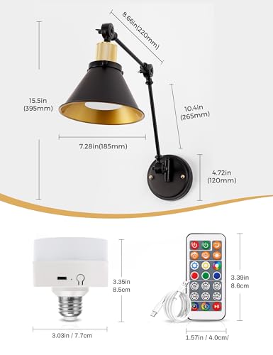 Image of DORESshop Battery Operated Wall Sconce, Dimmable and Adjustable Color Temperature Wireless Wall Sconces Set of Two with Remote Control, Swing Arm Wall Sconce for Bedroom Bedside Hallway Kitchen