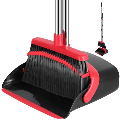 NACENA Broom and Dustpan Set, 52-in Long Adjustable Handle Broom Dustpan Combo with Dustpan Teeth to Automatically Clean Hair Suitable for Home Kitchen Office Hall Floor(Black&Red)