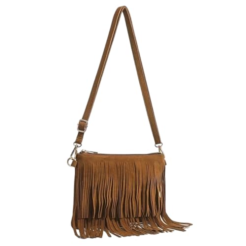 Image of Teron Retro Saddle Bag Brown Crossbody Bag for Women Vintage Fringe Handbag Pockets Vintage Tassel Crossbody Purse for Shopping Travel Party Daily Use