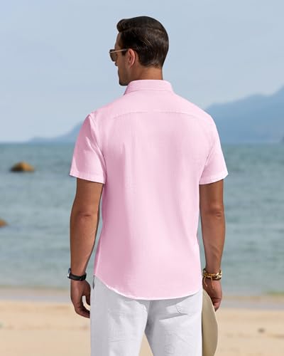 Image of J.VER Mens Linen Shirt Short Sleeve Button Down Casual Summer Shirts | Cotton Linen, Untucked, Big Tall, from Beach Camp Vacation, Cruise Fishing, Work Office, to Wedding Party Family, with Pocket