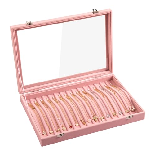 Frebeauty Organizador de collares de terciopelo con 15 ganchos y tapa transparente, cerradura, para joyería de colgantes, cadenas y collares, bandeja para mujeres y niñas (rosa)
