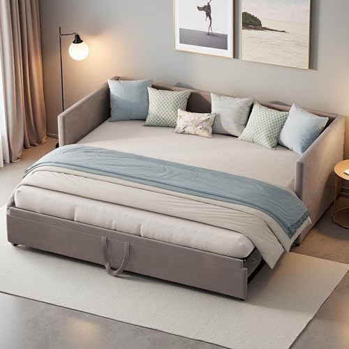 Aneutr Canapé lit Convertible 2 Places 90/180 x 200 cm, Canape Lit Rembourré avec sommier à Lattes, Canapé-lit gigogne, Extensible, Tissu Velours(sans Matelas) (Gris)