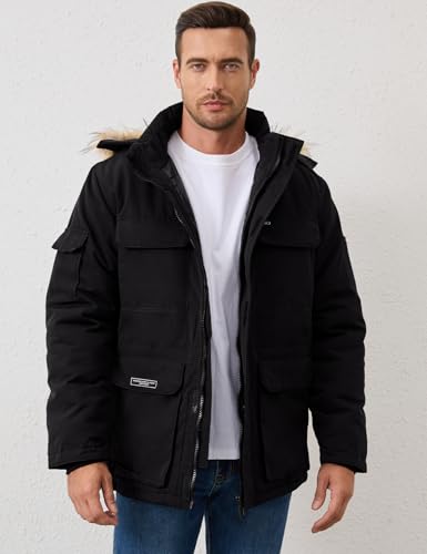 Men’s Hooded Puffer Jacket Winter Warm Quilted Parka Windbreaker Multi-Pockets Padded Coat with Faux Fur Removable Hood2