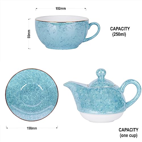 Image of Dandy Lines Tea for One Set in Aqua Gold, Elegant Tea Set with Kettle, Premium Tea Cups and Pot, Bone China, Pack of 4, Microwave & Dishwasher Safe, Great for Hosting & Gifting
