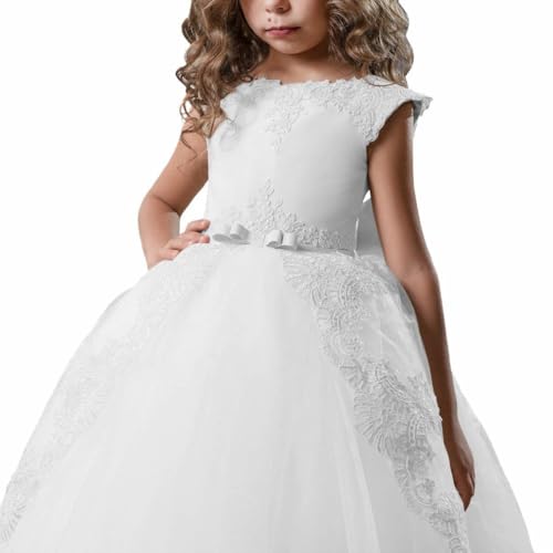 Tulle Princess Flower Girls Dress Laces Applique Communion Gown Big Bow Pageant Girls Dress A Line TZ013