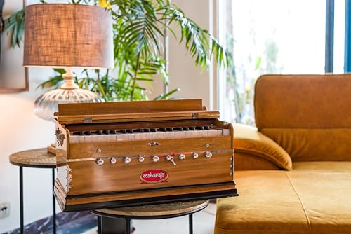 Harmonium by Maharaja Musicals, USA, 9 Stops, Model 2025, 3 1/2 Octave, Double Reed, Coupler, Natural Color, Standard, Padded Bag, A440 Tuned, Musical Instrument Indian-ABG