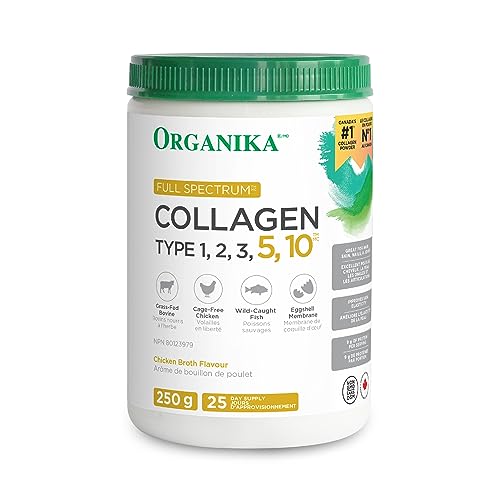 Organika Full Spectrum Collagen - Type 1,2,3,5,10 - Complete Collagen Naturally Containing Hyaluronic Acid and Elastin for Healthier Hair, Skin and Joints, Mild Chicken Broth Flavour, 250g 25 Servings