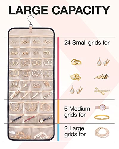 BAGSMART Hanging Jewelry Organizer Storage Roll with Hanger Metal Hooks Double-Sided Jewelry Holder for Earrings, Necklaces, Rings on Closet, Wall, Door, 1 piece, Large, Black - Image 4