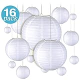 16 Pieces White Round Hanging Paper Lanterns for Parties, Birthdays, Weddings, and Events -Included Sizes of 4