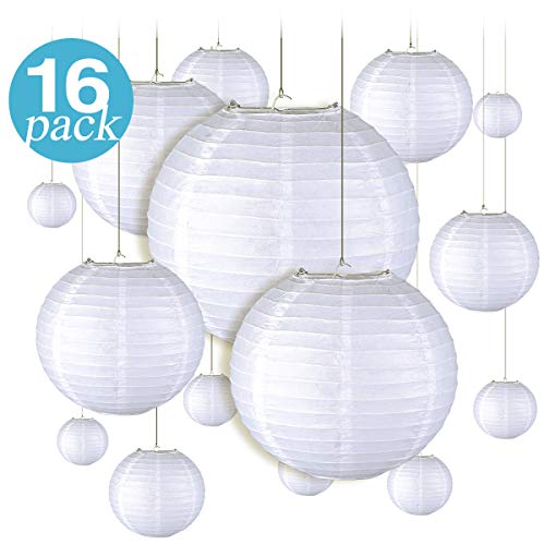 16 Pieces White Round Hanging Paper Lanterns for Parties, Birthdays, Weddings, and Events -Included Sizes of 4