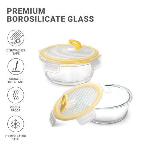 Image of Treo By Milton All Fresh Borosilicate Glass Round Tiffin set of 2, 400 ml each, Durable Carry Jacket,Microwave & Oven Safe,Leak Proof, Air Vent Lid, Scratch Resistant, Ideal for Office, School, Travel