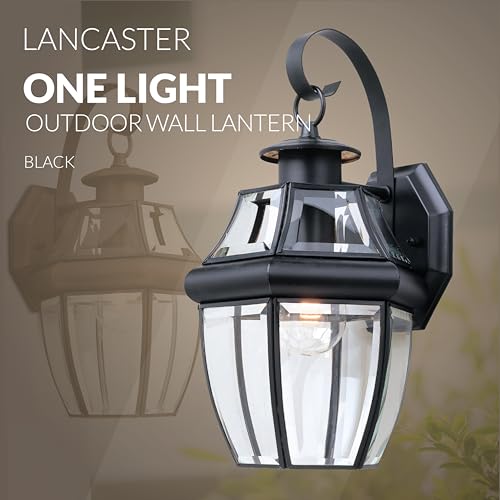 Image of Generation Lighting Lancaster 1-Light 14-Inch Outdoor Wall Lantern in Black | Wet-Rated Brass Fixture with Clear Beveled Glass, an Outside Light, Porch Decor, or Exterior Lighting Fixture for Garage