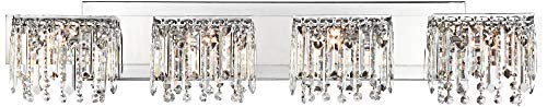 Possini Euro Design Hanging Crystal Modern Wall Light Chrome Silver Metal Hardwired 33 3/4" Wide 4-Light Fixture Mounted Strand And Prisms For Bathroom Vanity Mirror House Home Hallway Room Decor #TOP1