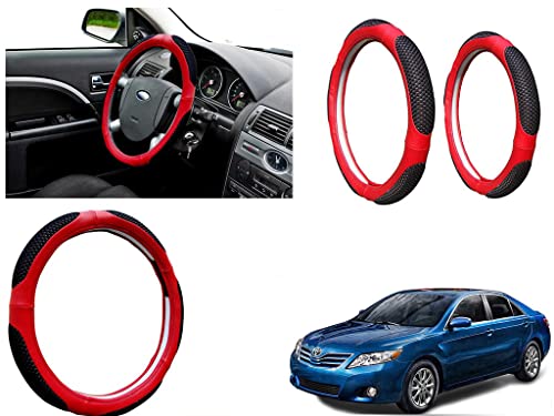 Image of Microfiber Car Steering Wheel Cover, Soft Padding Great Hand Feel, Anti-Slip, Faux Leather Steering Cover for Toyota Camry | Black Red Jali - Pack of 1