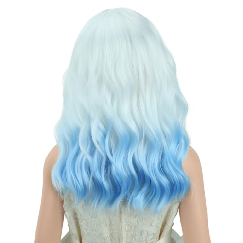 Image of PATTNIUM Girls White Ombre Blue Short Curly Wavy Wigs Side Part Shoulder Length Heat Resistant Synthetic Wig Halloween Cosplay Costume Party Wigs